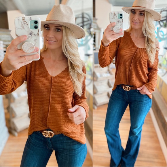 Infinity Raine Tops - CASUAL FRIDAY WAFFLE KNIT TOP-CAMEL